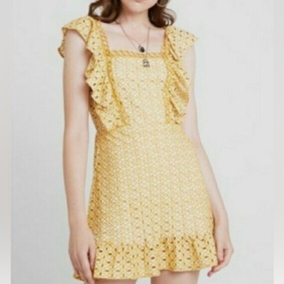 Topshop Yellow Eyelet Ruffle Mini Embroidered Dress size 6 - Picture 3 of 11